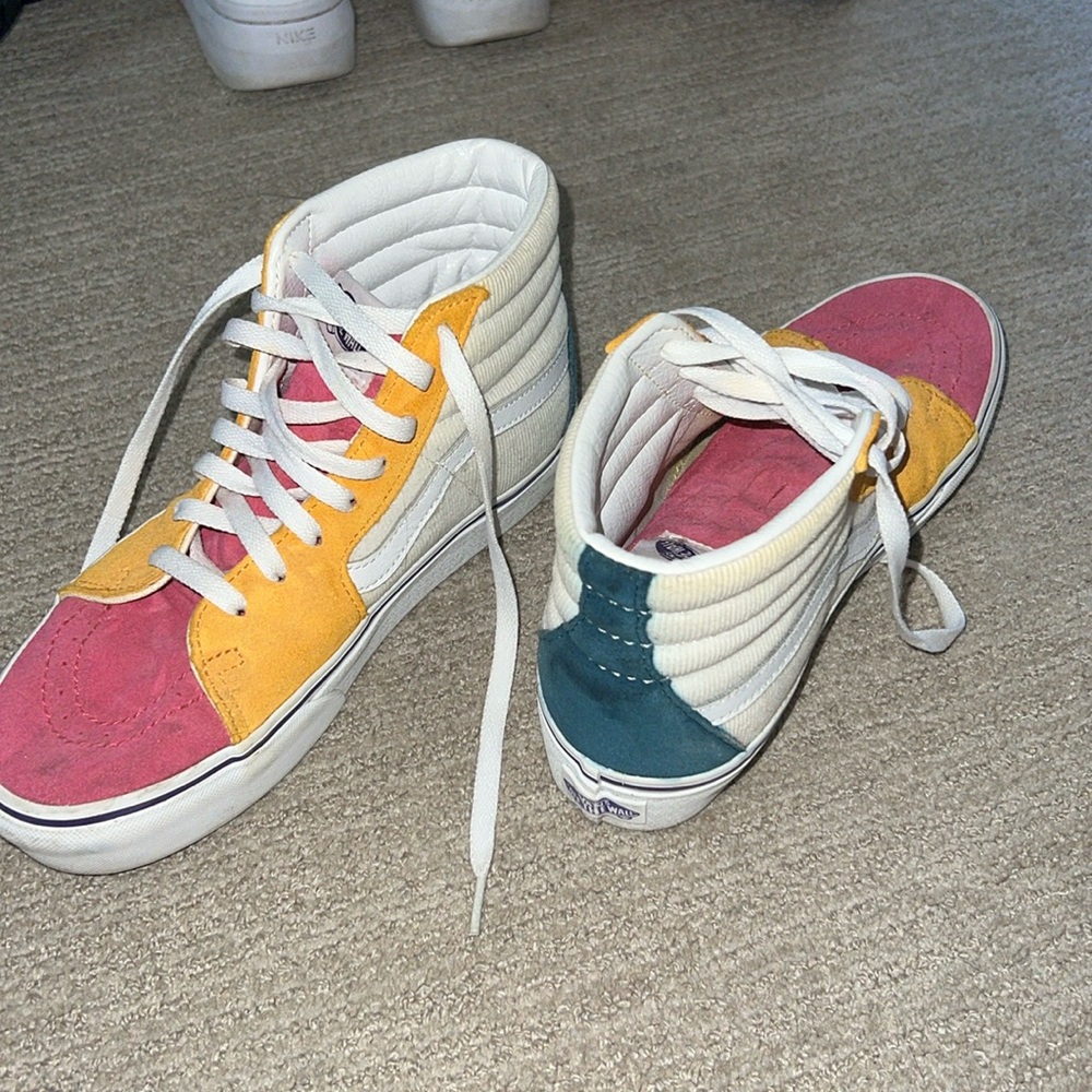 Color block high top platform Vans. Pink, yellow, green, and cream! Women’s 8